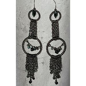 Vintage c2000 Silver-Tone Double Circle & Faux Gems Chandelier Earrings